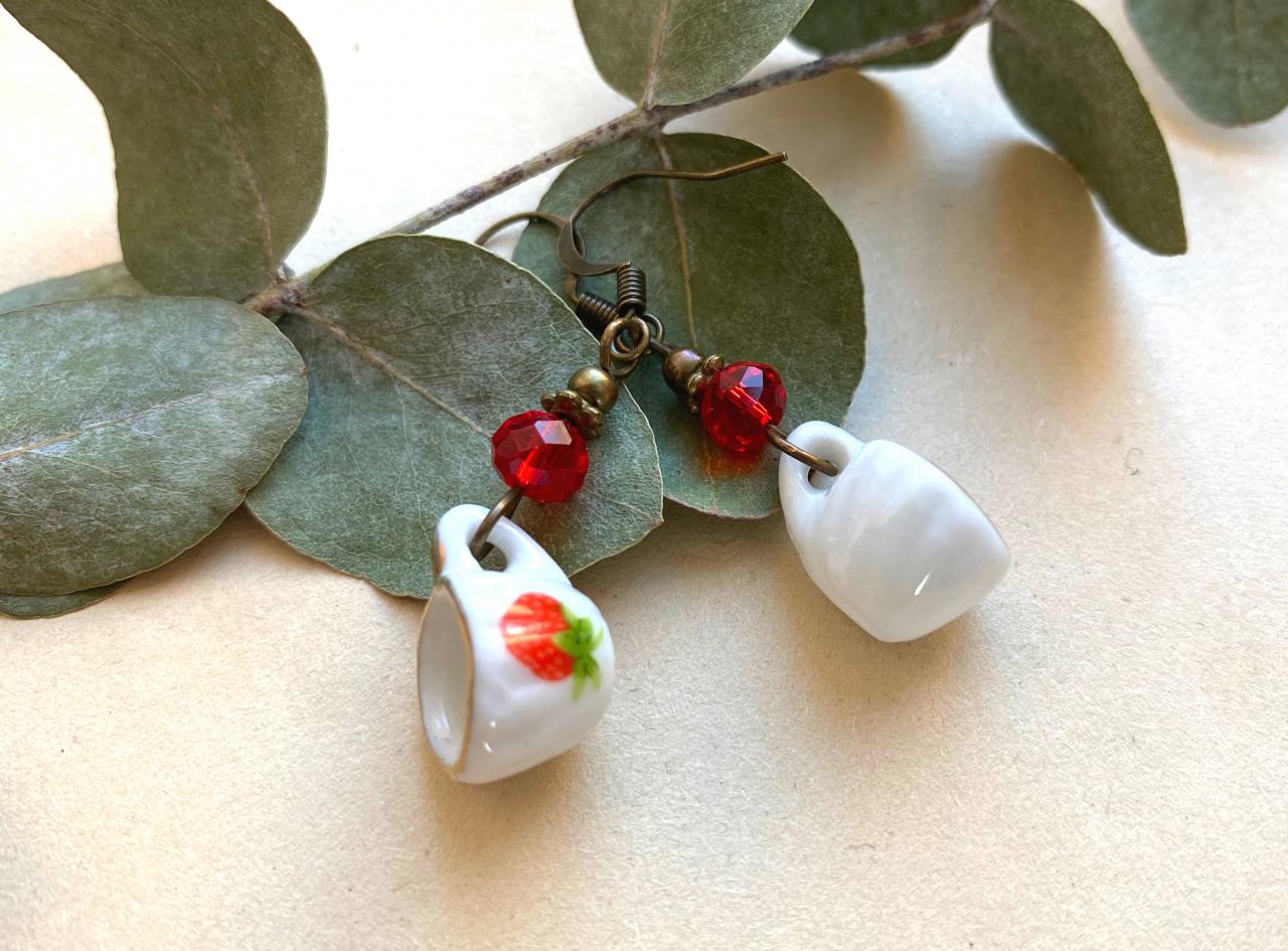 Porcelain Teacup Earrings With Red Glass Beads, Selma Dreams