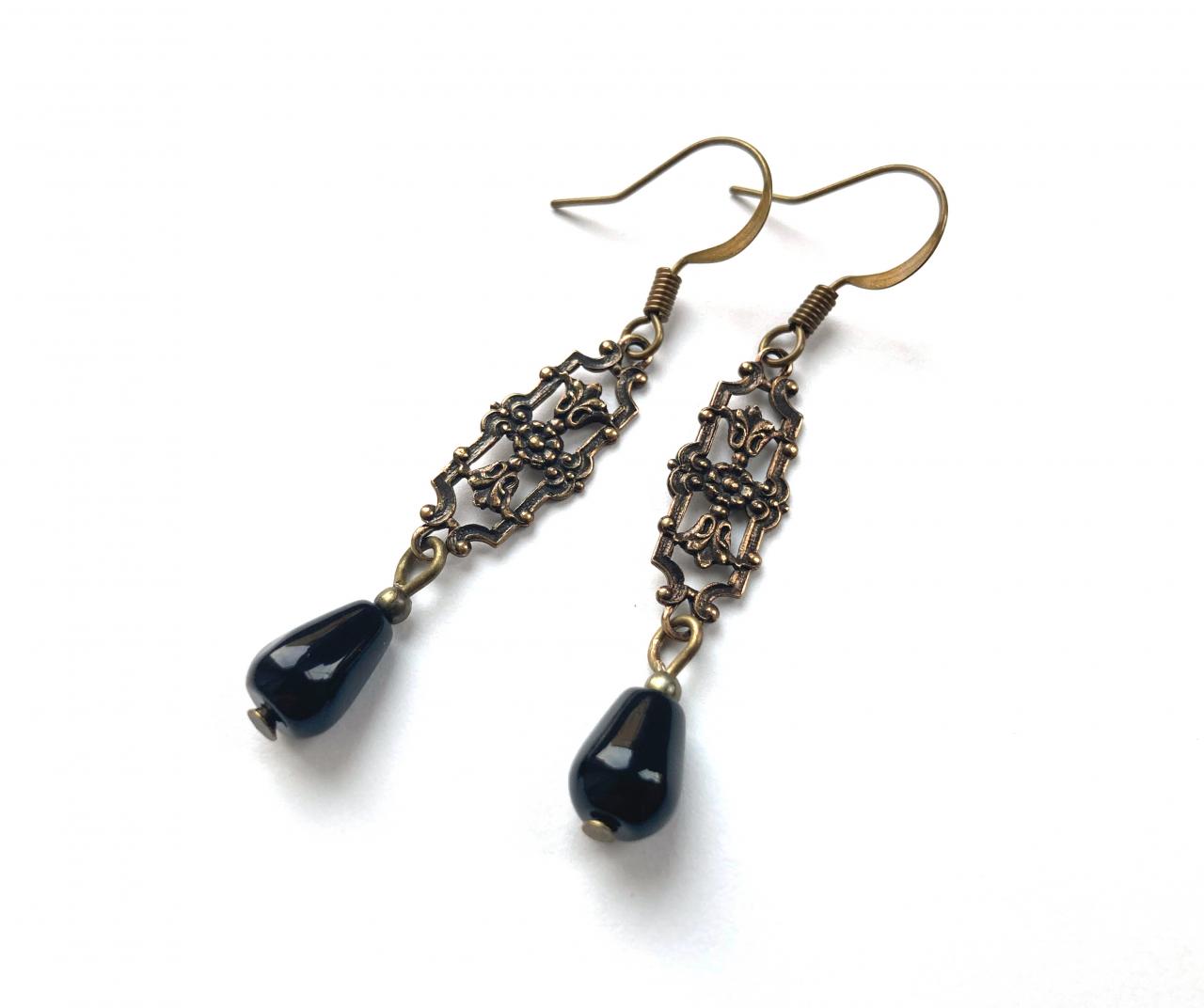 Art Nouveau Earrings With Black Glass Beads, Selma Dreams
