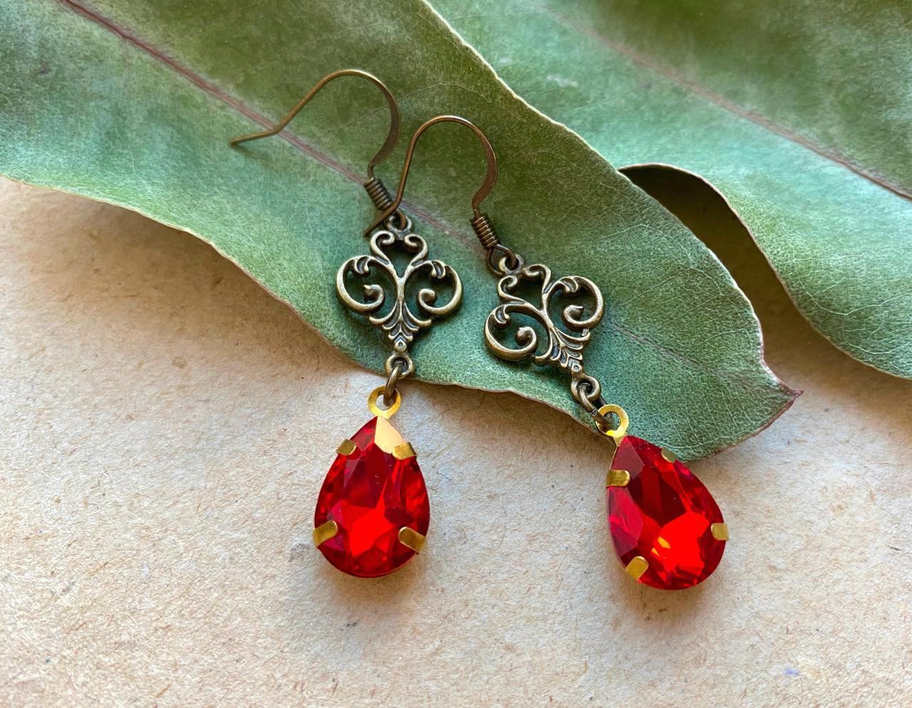 Art Nouveau Earrings With Red Glass Pendants, Selma Dreams