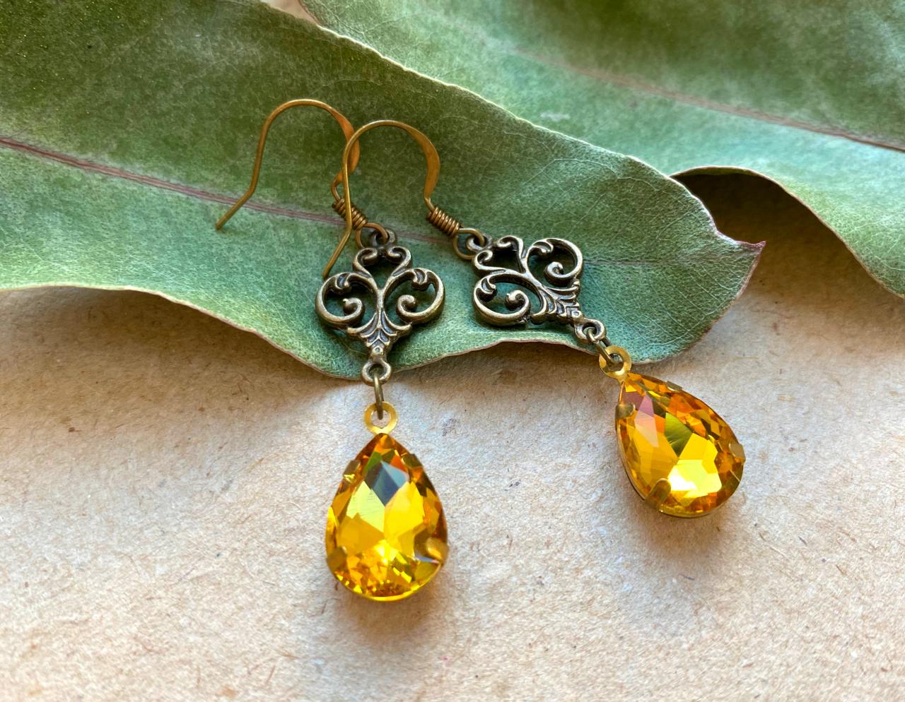 Art Nouveau Earrings With Yellow Glass Pendants, Selma Dreams