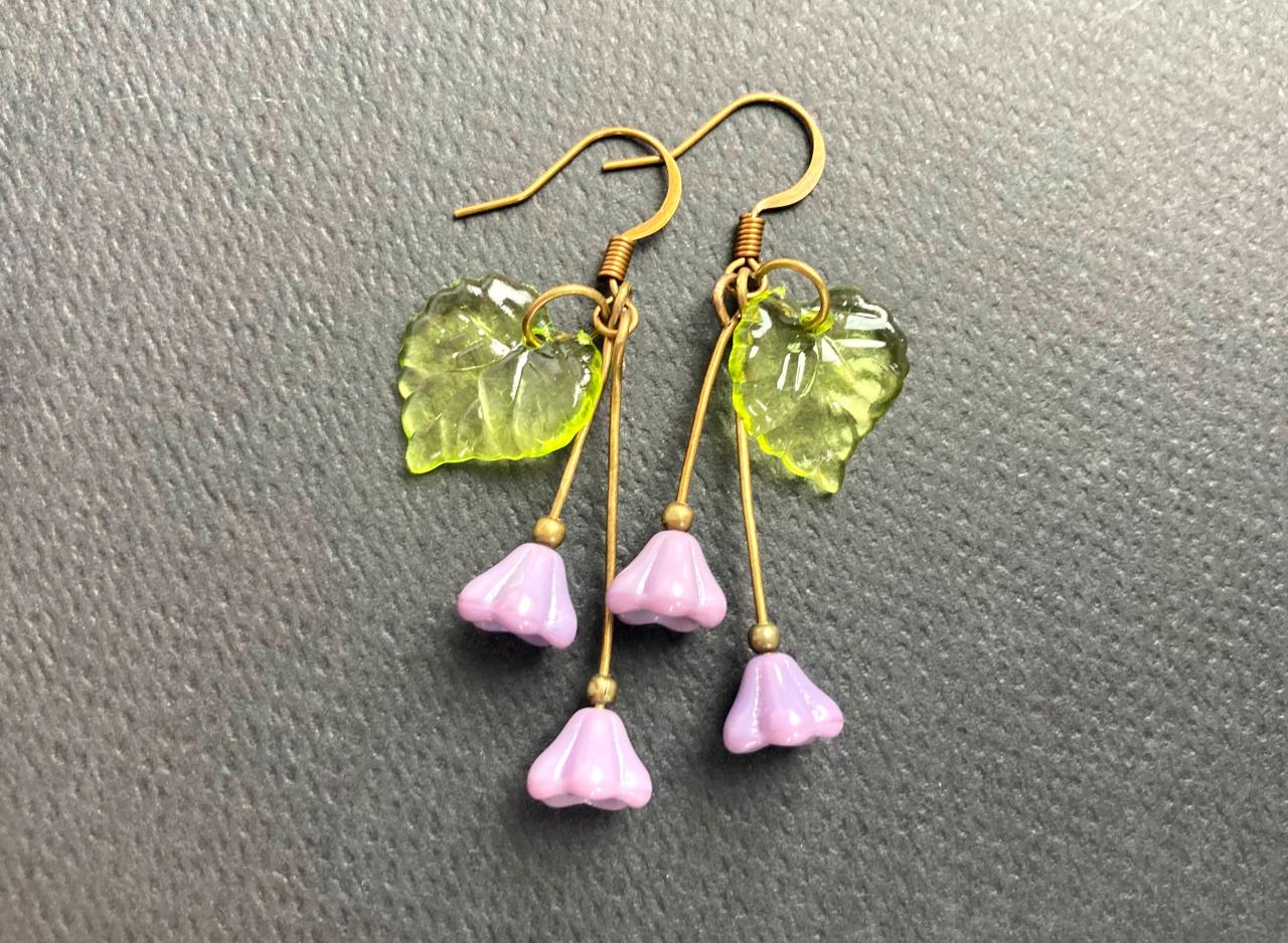 Lilac Glass Flower Earrings With Leaves, Selma Dreams