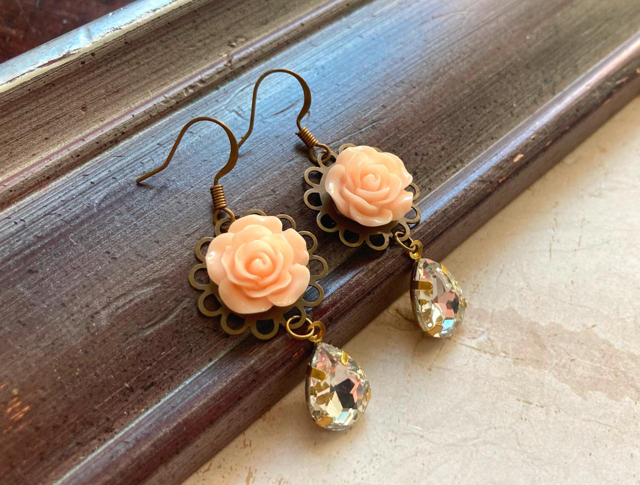 Romantic Peach Rose Earrings With Teardrop Glass Jewels, Selma Dreams