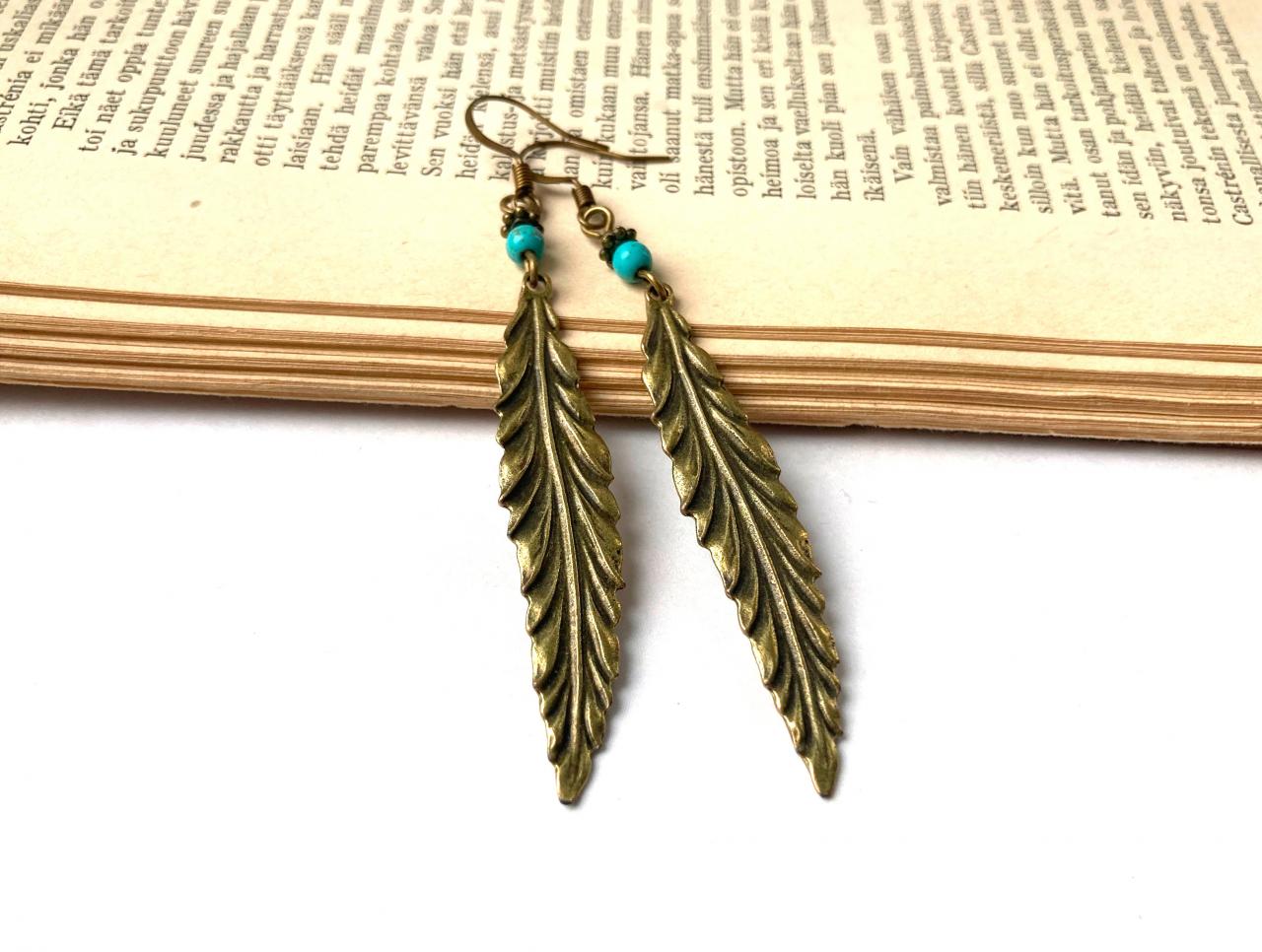 Elegant Leaf Earrings With Turquoise Gemstone Beads, Selma Dreams