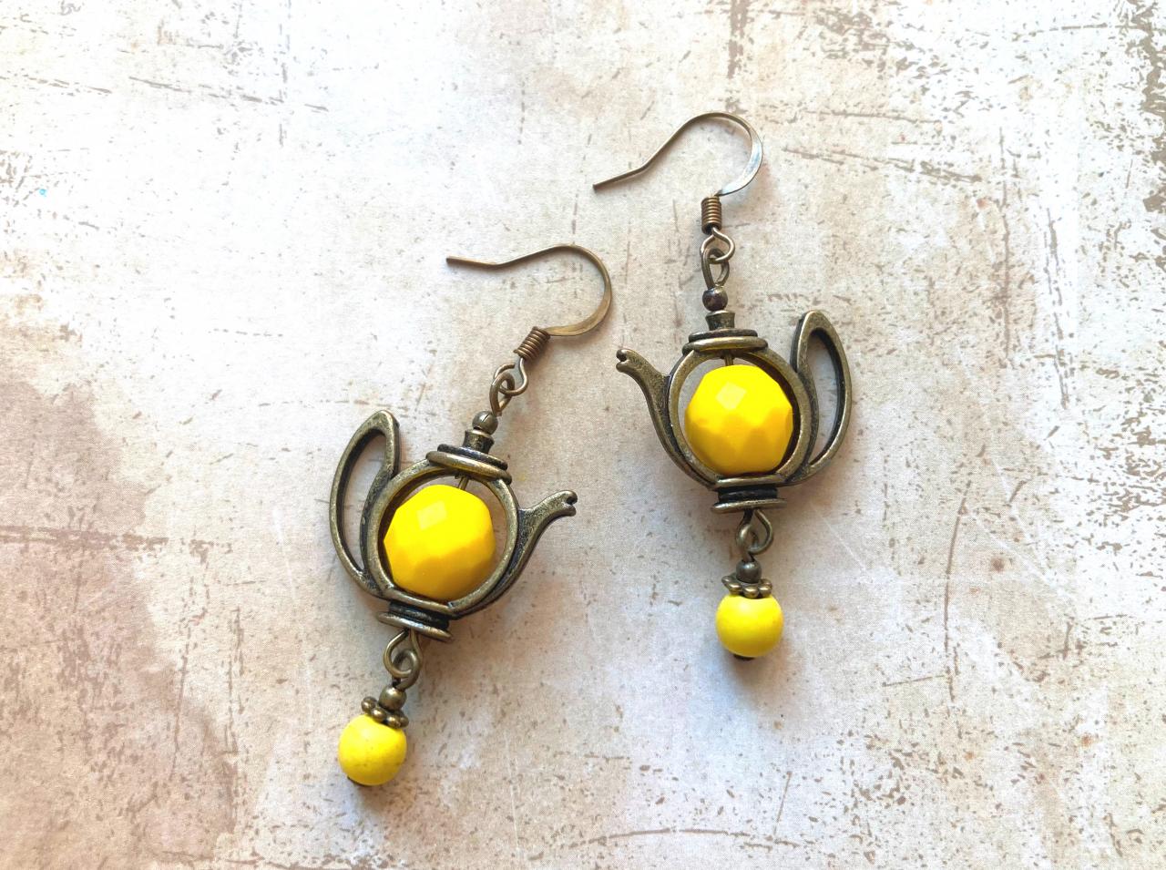 Fun Teapot Earrings With Yellow Glass Beads, Selma Dreams