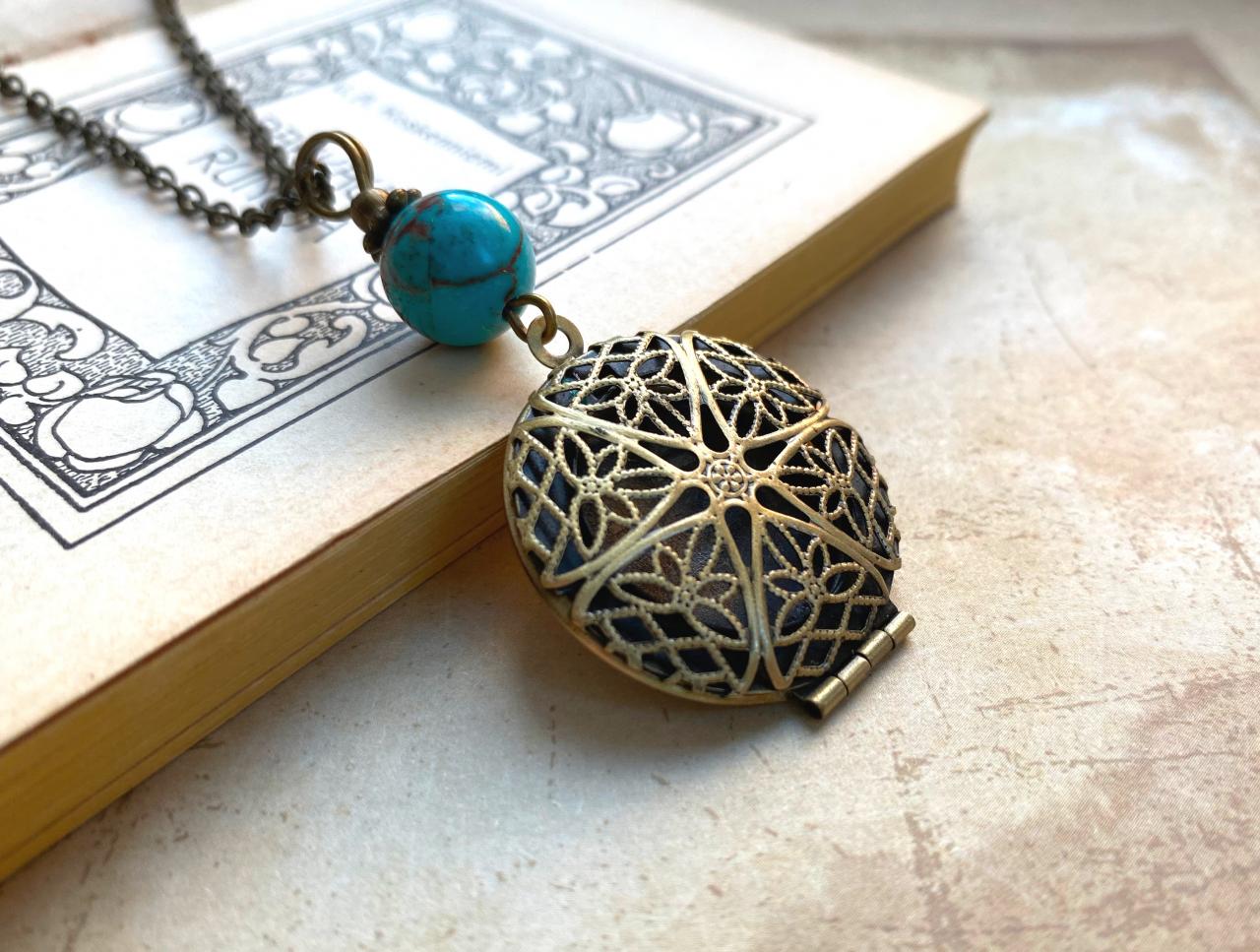 Filigree Locket Necklace With A Turquoise Gemstone Bead, Selma Dreams
