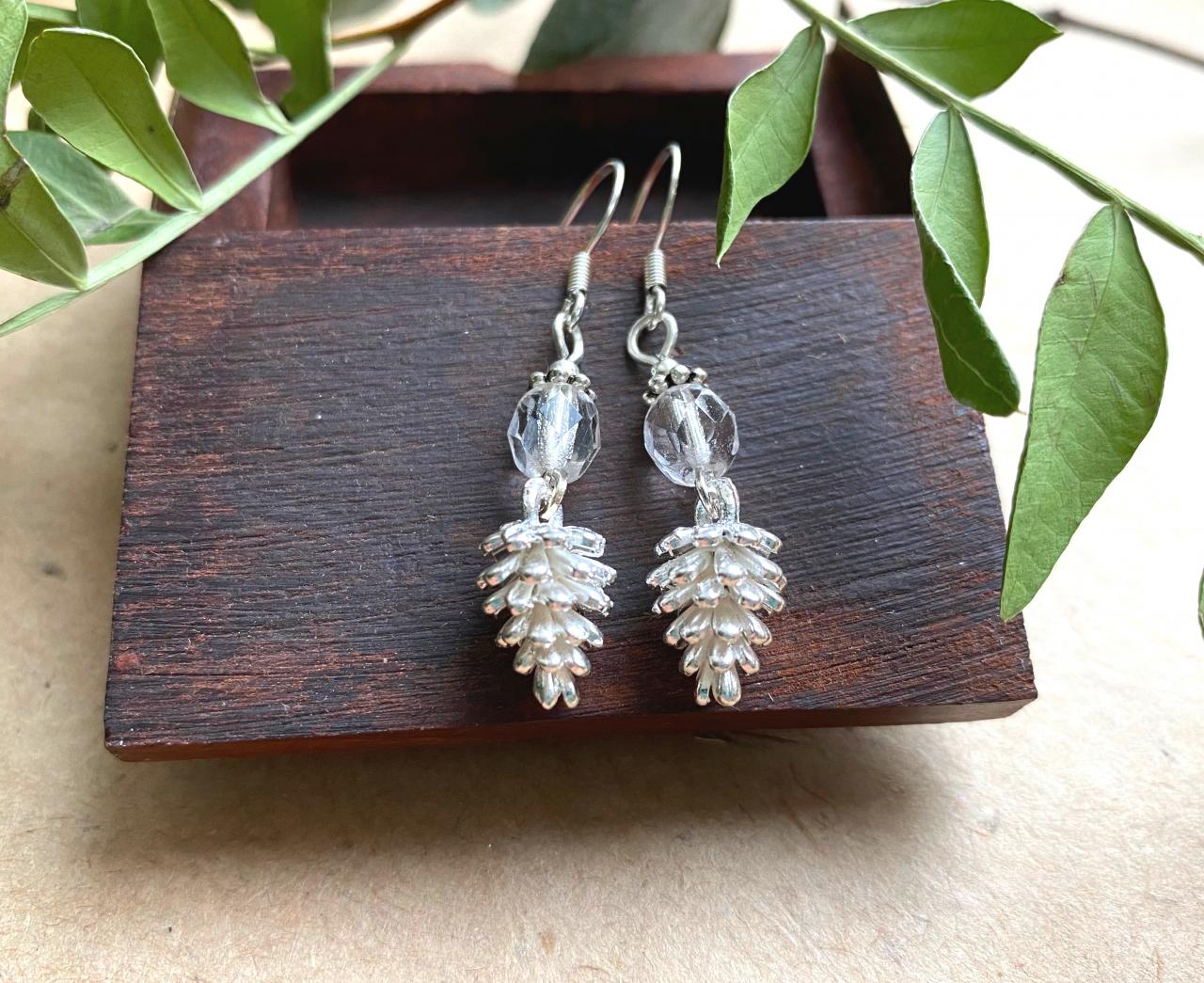 Silver Pine Cone Earrings With Clear Glass Beads And Sterling Silver Hooks, Selma Dreams