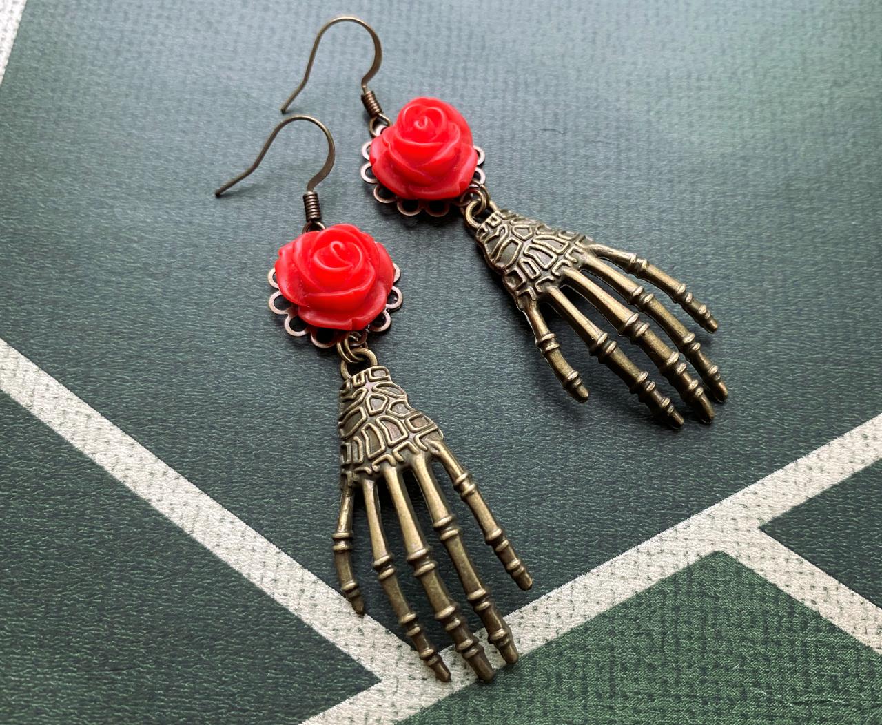 Skeleton Hand Earrings With Red Rose Pendants, Selma Dreams
