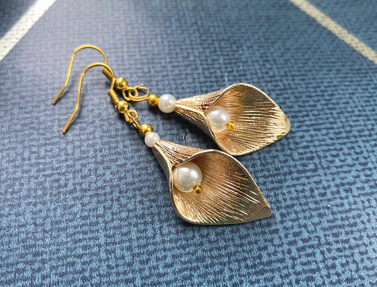 Gold Calla Lily Earrings With Glass Pearls, Selma Dreams