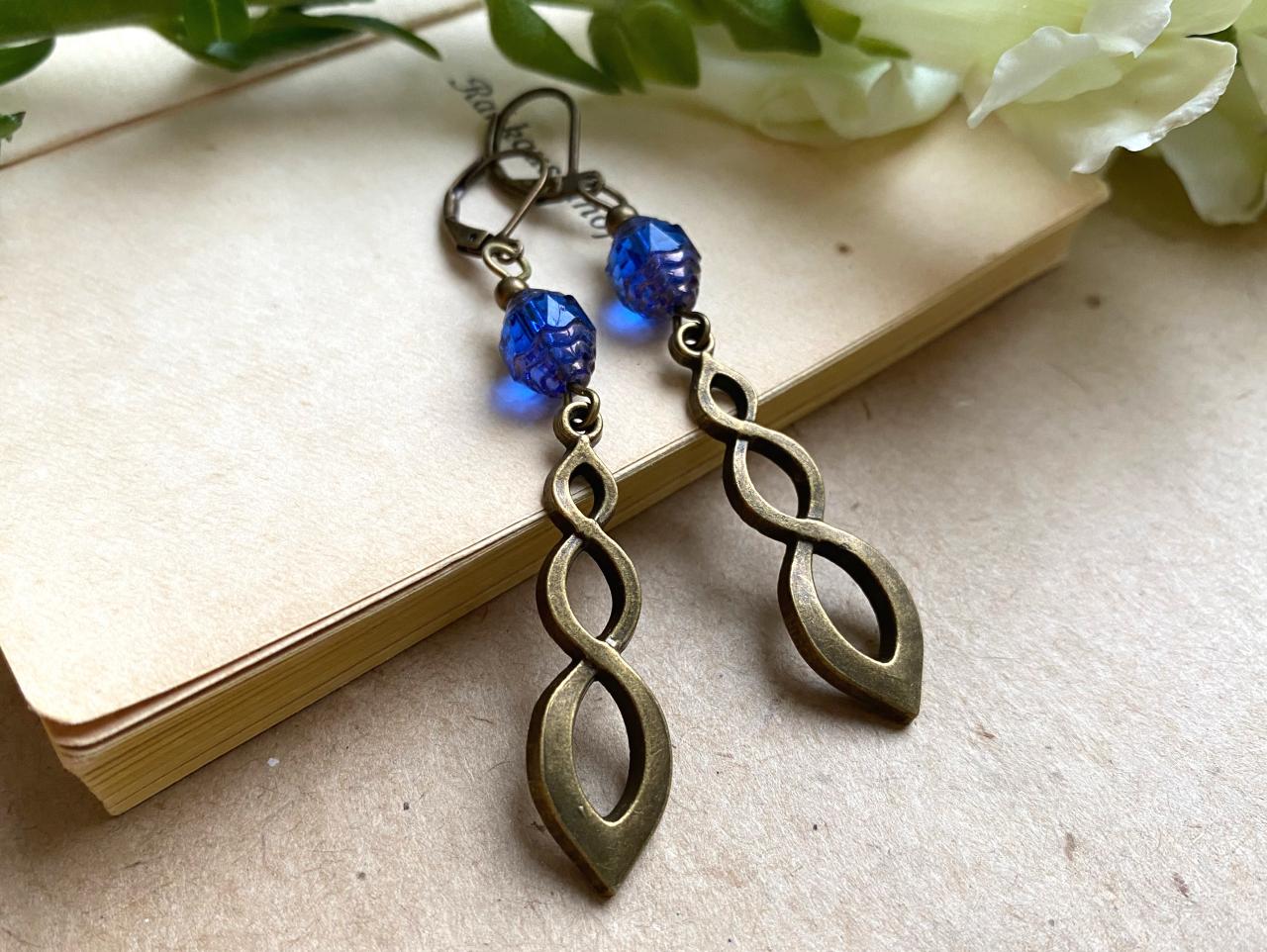 Elegant Art Nouveau Earrings With Blue Faceted Glass Beads, Selma Dreams