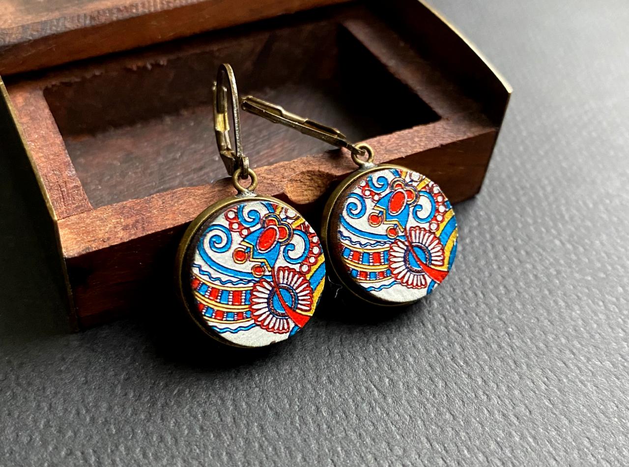 Scandinavian Earrings With Colourful Embossed Wood Pendants, Selma Dreams