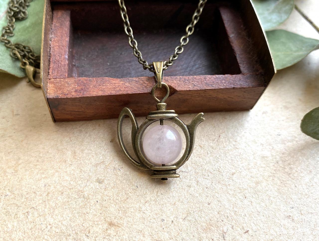 Teapot Necklace With A Rose Quartz Crystal Pearl, Alice In Wonderland Inspired, Rose Quartz Necklace, Fun Necklace, Whimsical Fun, Gemstone