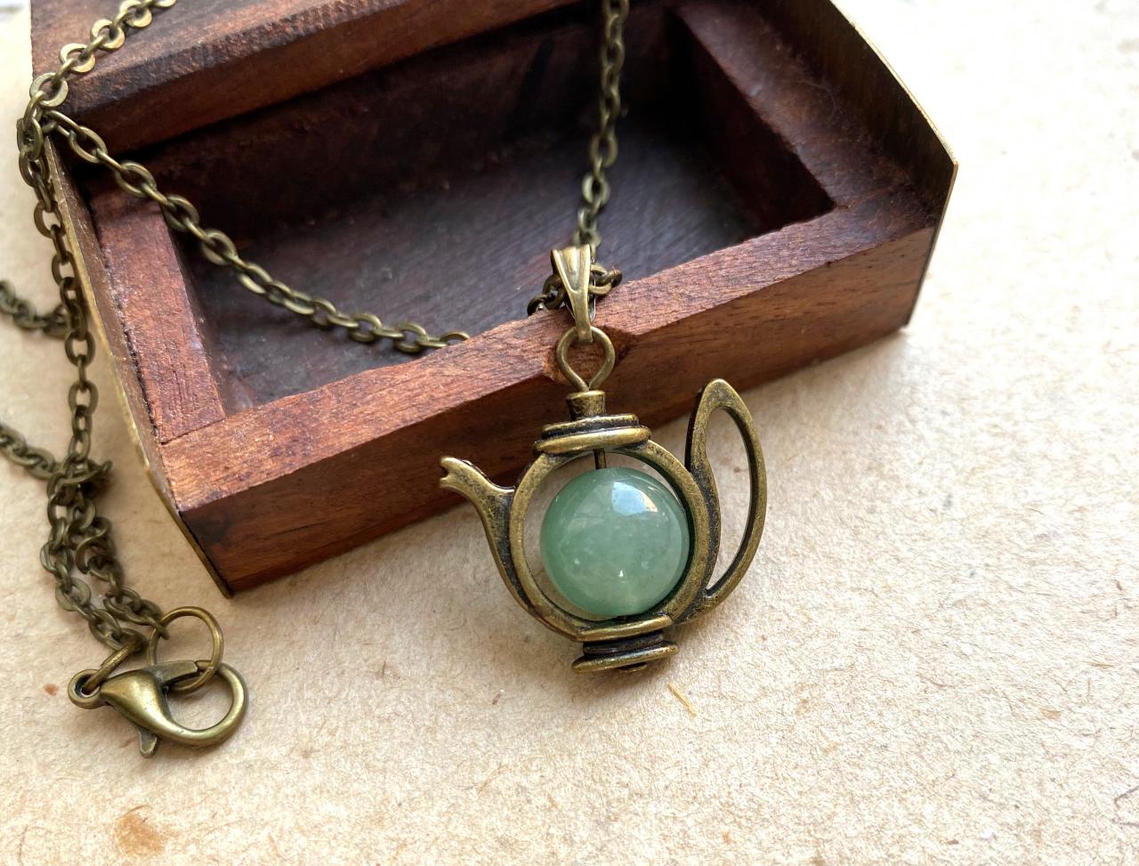 Teapot Necklace With A Green Aventurine Crystal Pearl, Alice In Wonderland Inspired, Green Aventurine Necklace, Fun Necklace, Whimsical Fun
