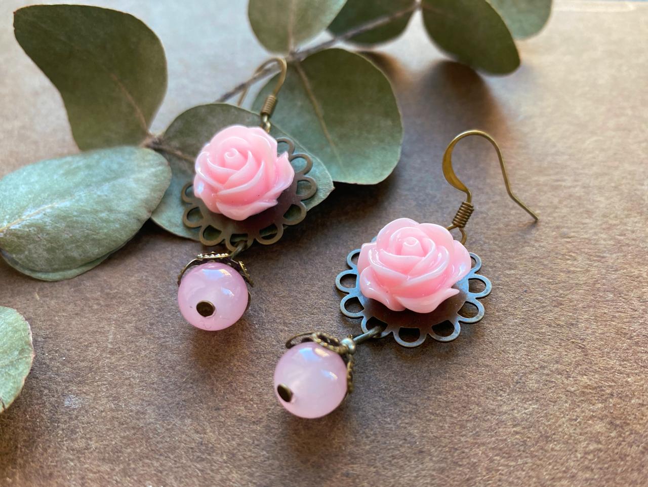 Romantic Pink Rose Earrings With Glass Beads, Flower Earrings, Rose Pendants, Gift For Mom, Romantic Earrings, Floral Earrings, Pink Rose