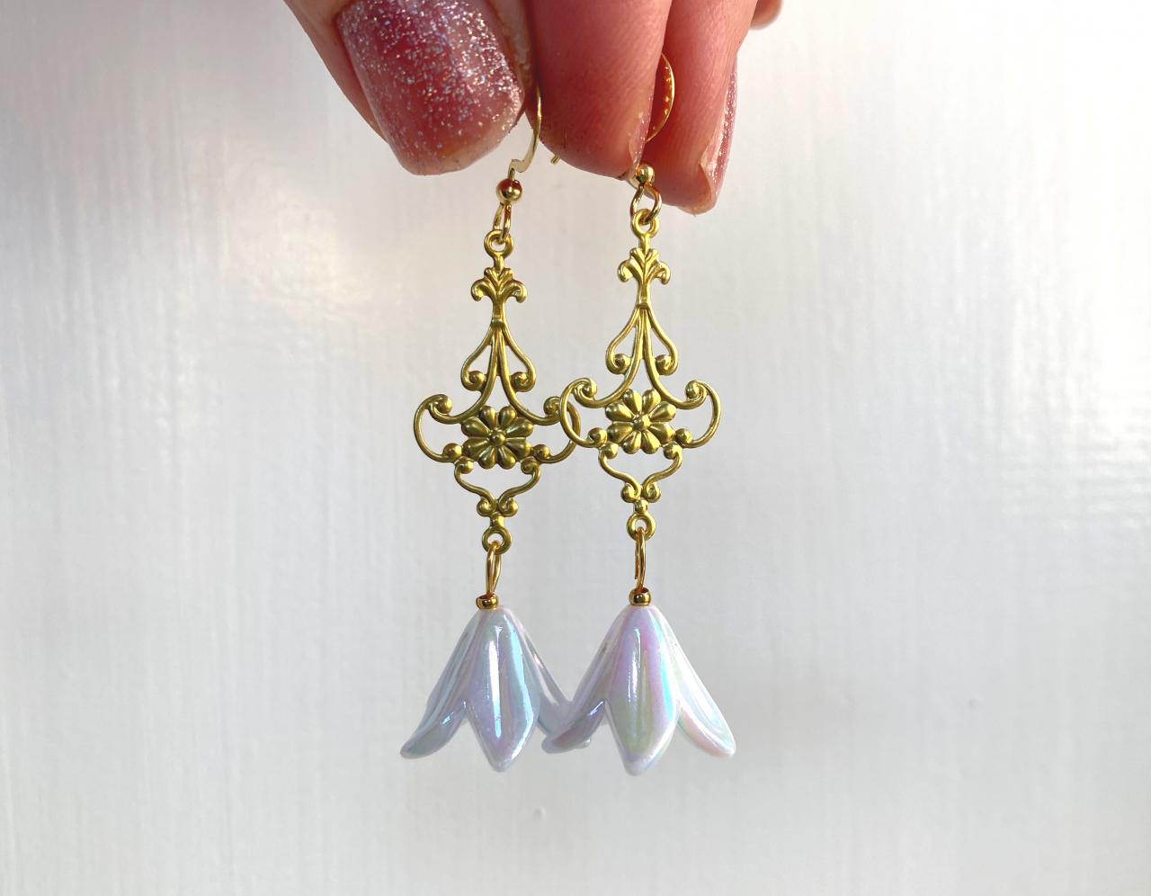 Art Nouveau Bell Flower Earrings, Gold Dangle Earrings, Vintage Inspired Earrings, Floral Dangle Earrings, Gold Dangle Earrings