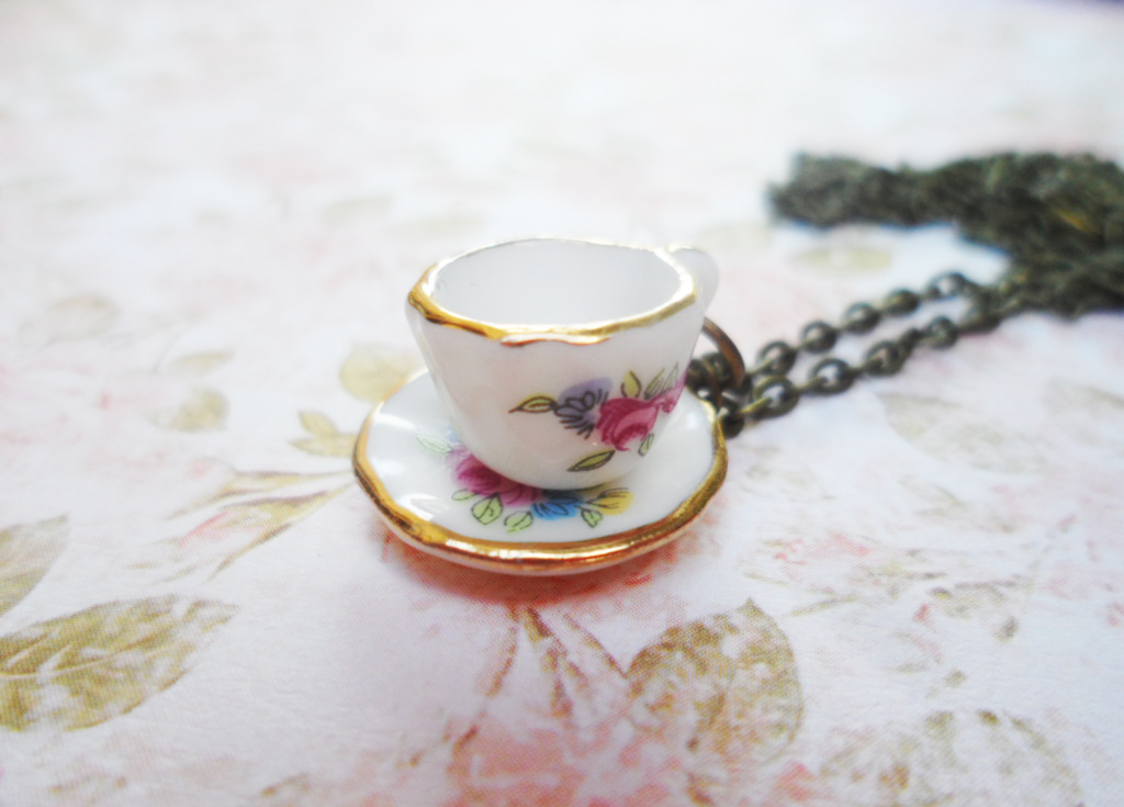 Whimsical Brass Teacup And Saucer Necklace, Antique Style Brass And Porcelain Jewellery, Selma Dreams Vintage Inspired Jewelry, Mad Hatter