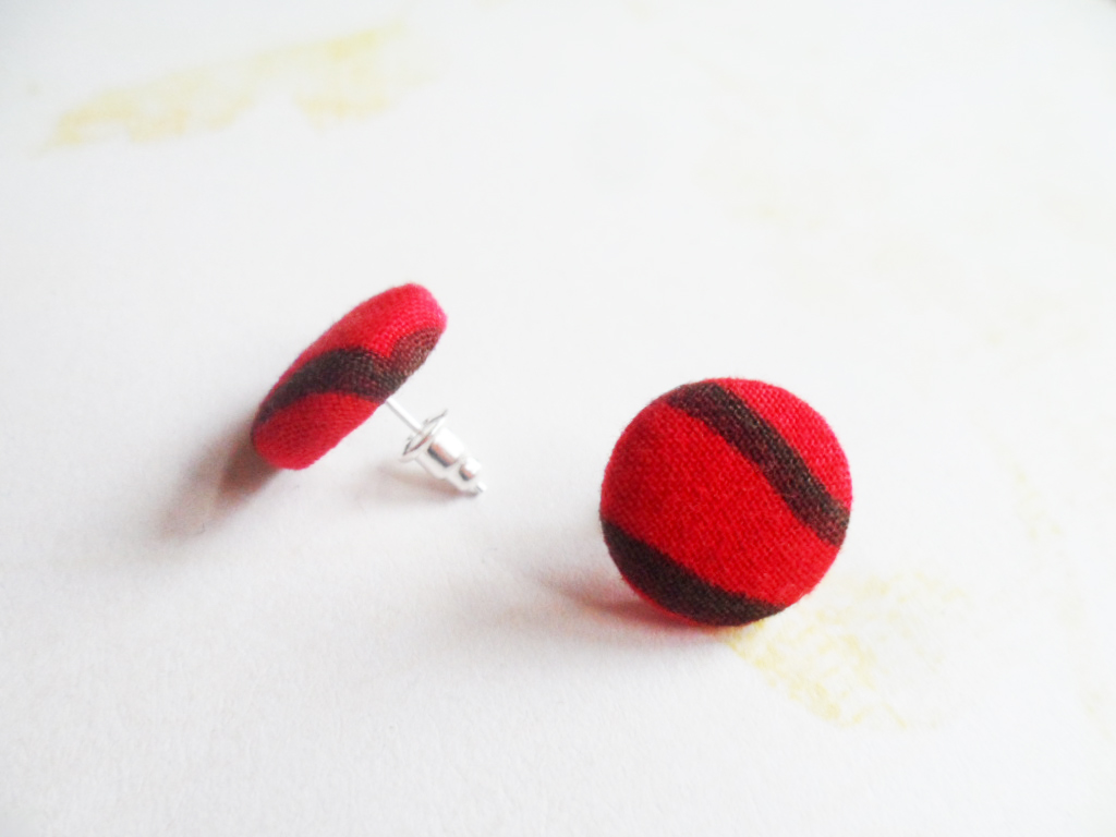 Scandinavian Stud Earrings With Stripy Red Fabric Buttons, Surgical Steel Posts, Bohemian Jewelry, Selma Dreams Nordic Gifts For Her