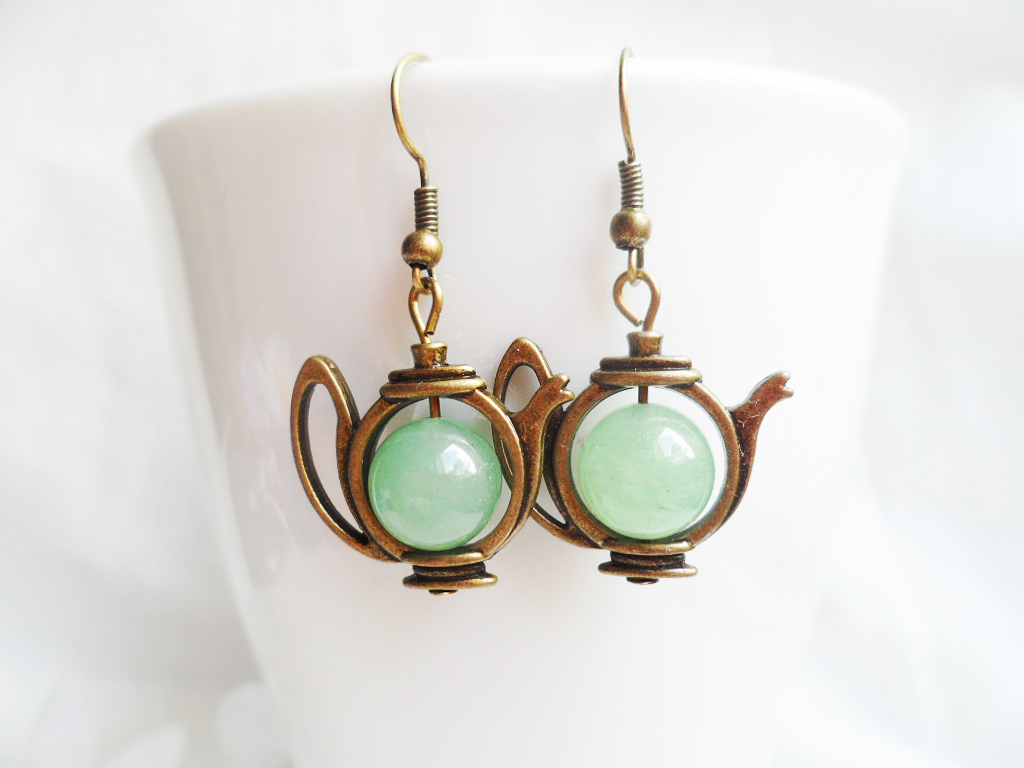 Quirky Brass Teapot Earrings With Green Aventurine Crystal Pearls, Antique Style Brass, Vintage Style, Alice In Wonderland, Selma Dreams