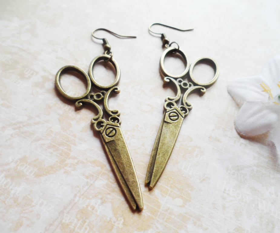 Brass scissors earrings, antique style, gift for a seamstress or hairdresser, Selma Dreams, vintage inspired, silver jewelry,