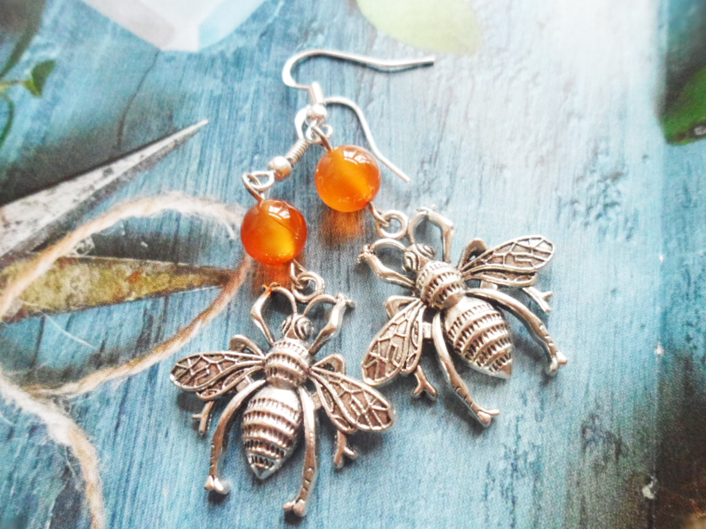 Silver Wasp / Bee Earrings With Orange Carnelian Pearls, Nature Inspired Jewelry, Selma Dreams Jewellery, Gifts For Her