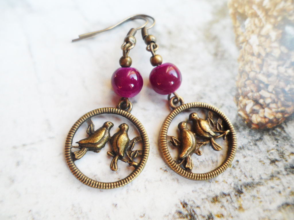 Lovebirds Earrings With Deep Purple Glass Pearls, Antique Brass, Nature Jewelry, Selma Dreams Jewellery Gifts For Her