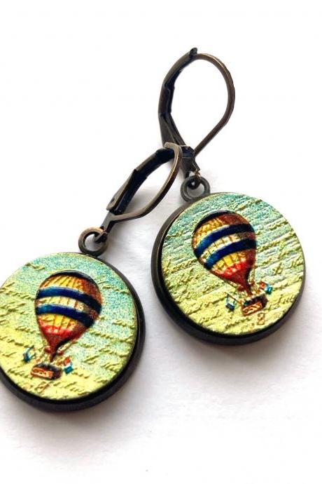 Gorgeous brass earrings with vintage style embossed wood hot air balloon pendants, Selma Dreams