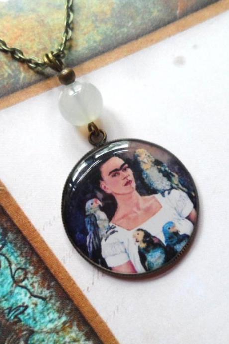 Bohemian Brass Necklace With A Frida Kahlo Pendant And An Aventurine Pearl, Selma Dreams