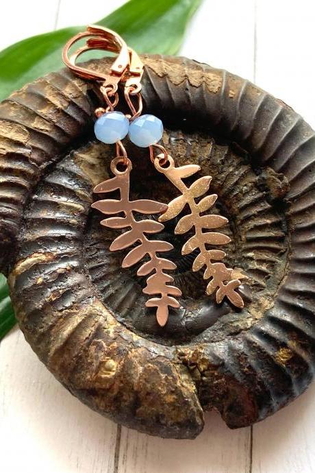 Rose gold leaf earrings with blue glass beads, Selma Dreams