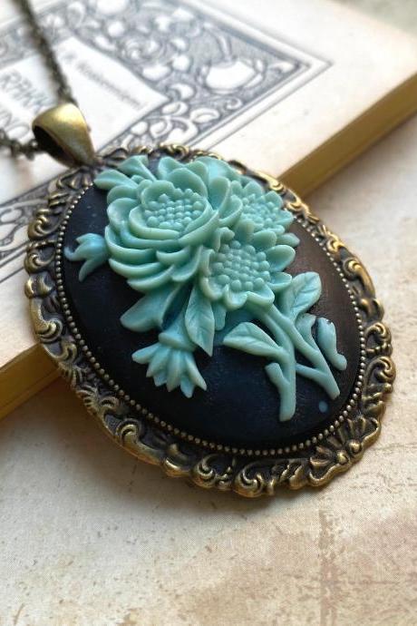 Beautiful Vintage Inspired Necklace With A Blue And Black Flower Cameo Pendant, Selma Dreams