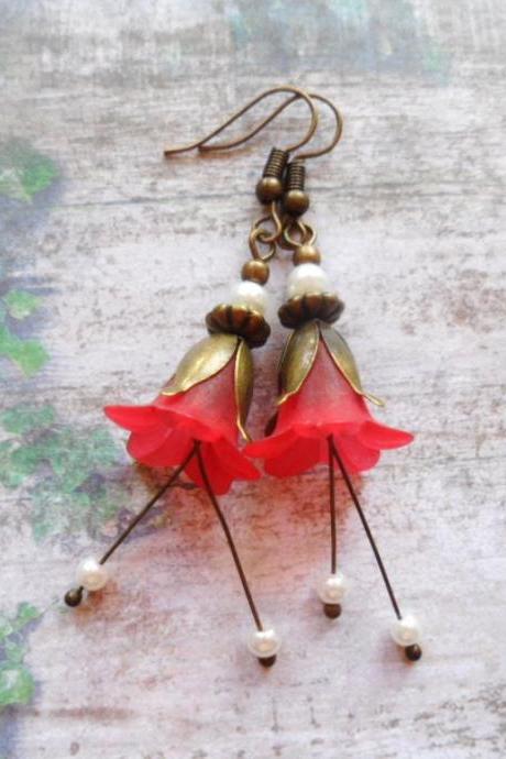 Red Bell Flower Earrings With Brass Petals And Ivory Glass Pearls, Selma Dreams