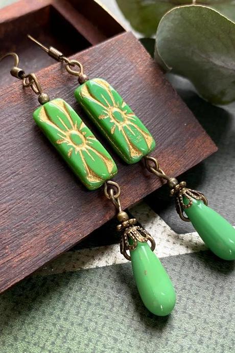 Moroccan Style Green And Gold Glass Earrings, Selma Dreams