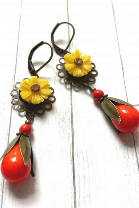 Yellow daisy earrings with orange glass beads, Selma Dreams