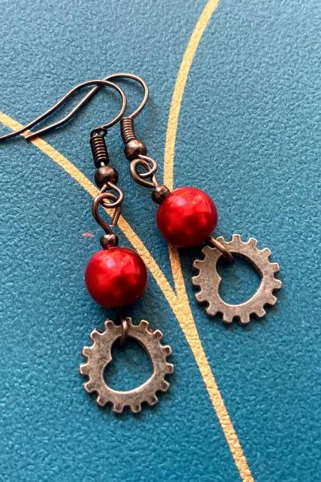 Steampunk Earrings With Heart Cog Pendants And Red Glass Pearls, Selma Dreams