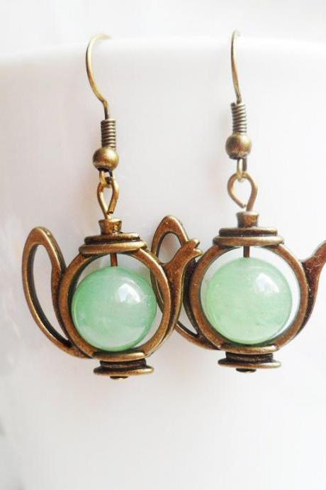 Bohemian Brass Teapot Earrings With Green Aventurine Crystal Pearls, Selma Dreams