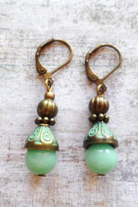 Elegant patina verdigris earrings with pale green jade pearls, Selma Dreams
