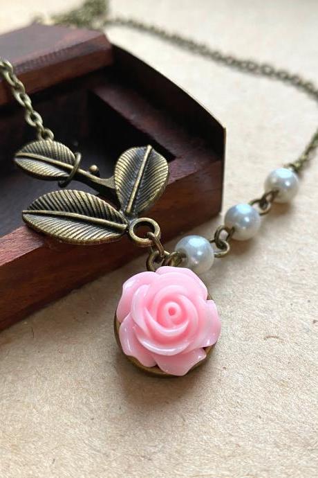Beautiful Brass Leaf Necklace With A Romantic Pale Pink Rose Pendant And Ivory Glass Pearls, Selma Dreams