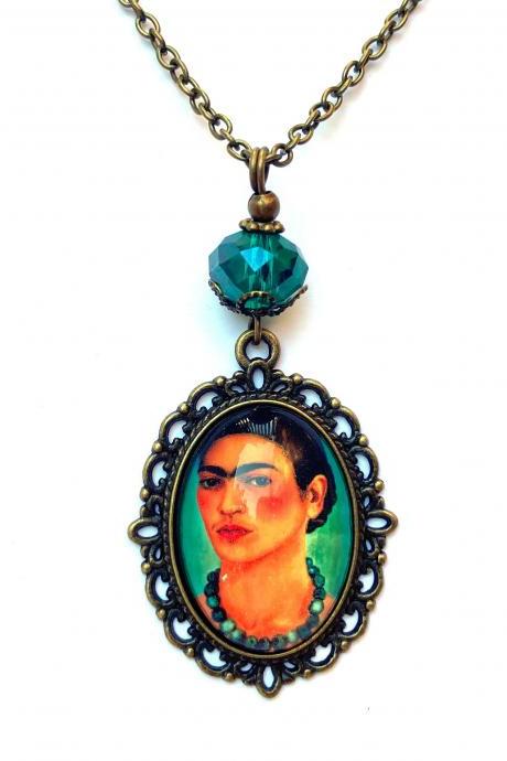 Gorgeous Necklace With A Frida Kahlo Cameo Pendant And Teal Faceted Glass Bead, Selma Dreams