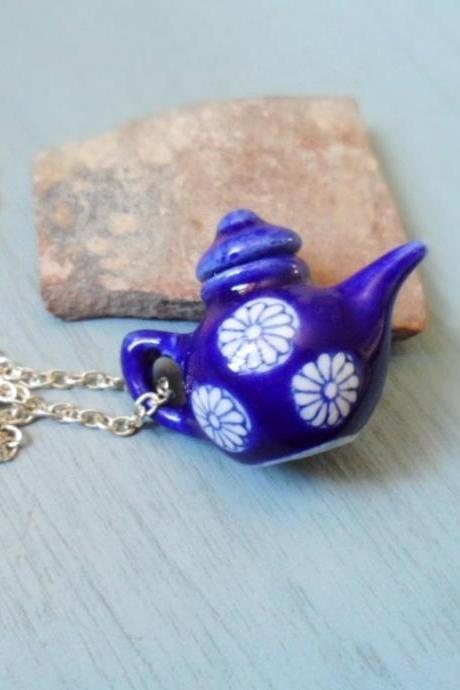 Whimsical silver plated necklace with a porcelain blue teapot pendant, Selma Dreams