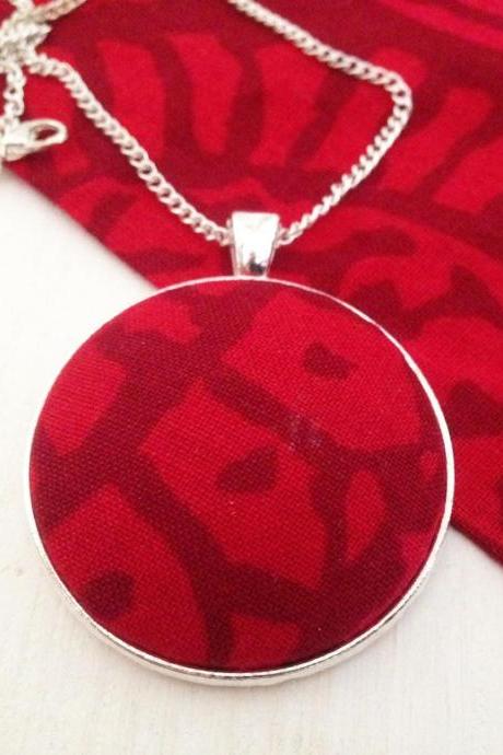 Scandinavian silver tone pendant with red repurposed Marimekko cotton fabric, Selma Dreams