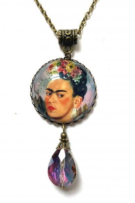 Gorgeous brass necklace with a Frida Kahlo pendant and pale lilac teardrop glass bead, Selma Dreams