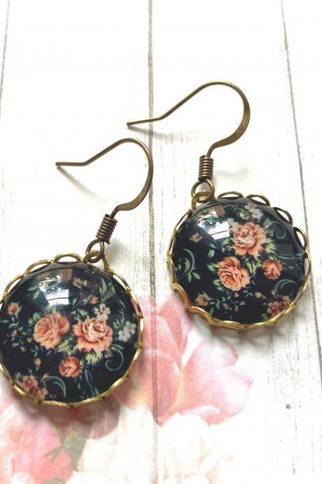 Brass Earrings With Flower Pendants And Lace Edge, Antique Style Brass, Selma Dreams