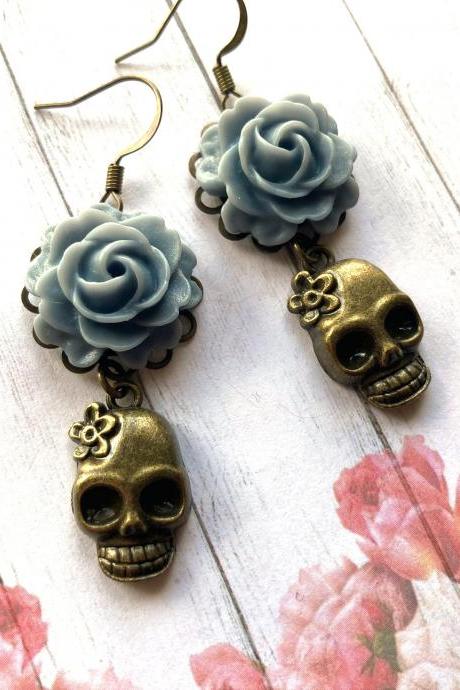 Skull earrings with blue rose pendants, Day of the Dead jewelry, Selma Dreams