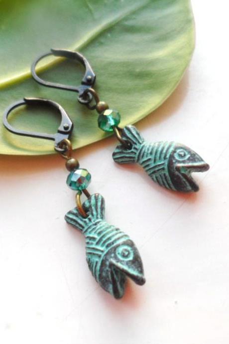 Beautiful Patina Verdigris Fish Earrings With Turquoise Glass Beads, Selma Dreams