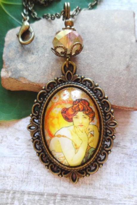 Gorgeous necklace with a Alphonse Mucha 'Topaz' cameo pendant and a champagne faceted glass bead, Selma Dreams