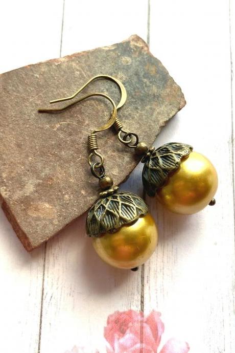 Vintage Inspired Acorn Earrings With A Gold Tone Glass Pearls, Selma Dreams