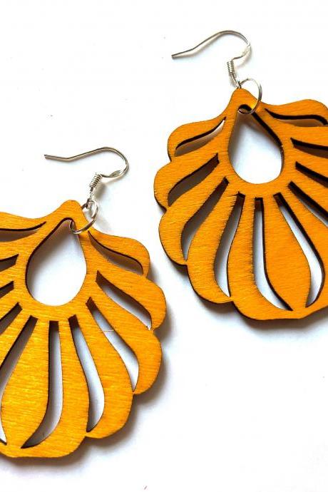 Red or Orange wooden statement earrings with sterling silver hooks, Selma Dreams