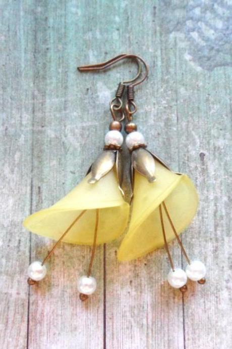 Yellow Calla Lily Earrings With Brass Petals And Ivory Glass Pearls, Selma Dreams
