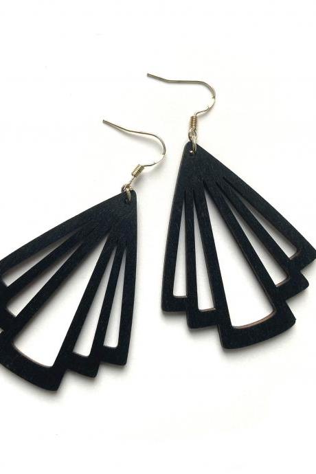 Scandinavian statement earrings with black wooden pendants and sterling silver hooks, Selma Dreams