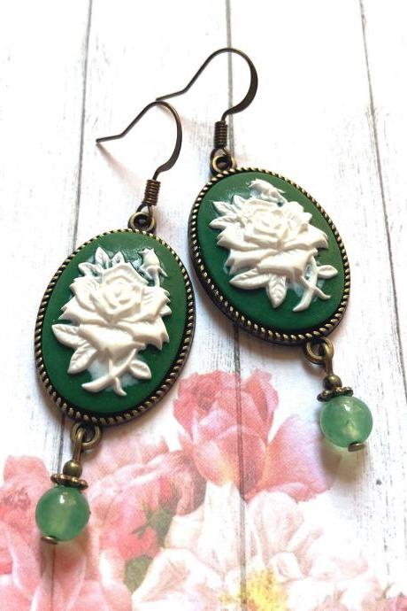 Vintage inspired rose cameo earrings with green aventurine beads, Selma Dreams