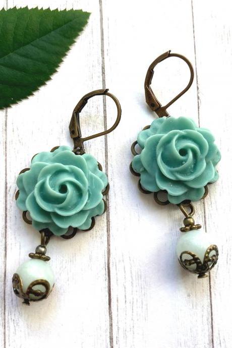 Mint green rose earrings with jade gemstone pearls, Selma Dreams