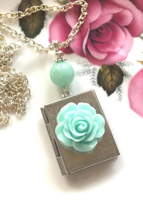 Sweet necklace with a mint green flower book locket and pale green jade pearl, Selma Dreams